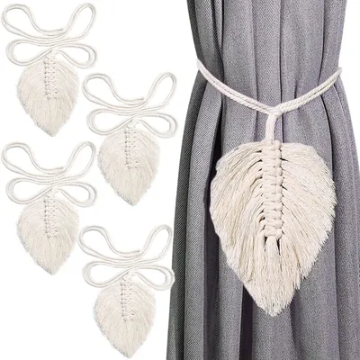 Produktbild von Vorhang Zugband, 4 Stück Raffhalter Blätter Vorhanghalter Boho Vorhang Seil Raffhalter Handstricken Schnalle Baumwoll Makramee Seil, Gardinen Deko Für Salon, Schlafzimmer, Bibliothek, Hotel