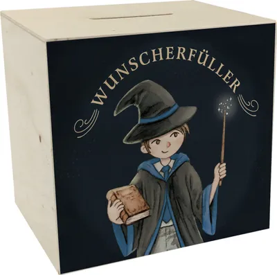Produktbild von Wunscherfüller Spardose aus Holz mit Zauberschüler in blau