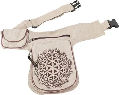 Produktbild von DigiRigi® Casua Bauchtasche 'Flower of Life' – Boho Stoff-Bag aus Baumwolle, Olivgrün/Beige-Braun, Uni (Herren/Damen), 25 x 20 x 4 cm, aus Nepal