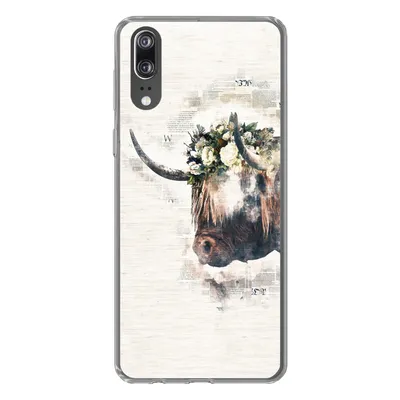 Produktbild von MuchoWow® Handyhülle Schutzhülle Hülle für Huawei P20 Schottischer Highlander - Rauch - Blumen Silikon Softcase Handy Hülle - Hardcover