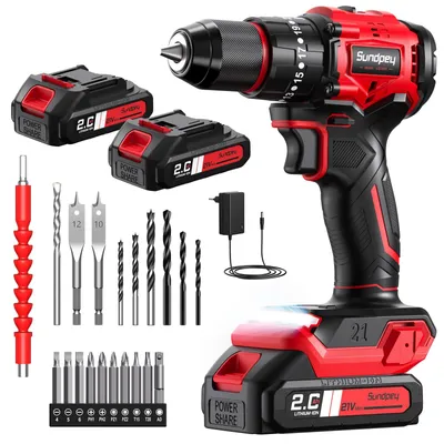 Image de Kit de visseuse-perceuse sans fil 21V - Couple maximal : 70 Nm. Perceuse-visseuse sans balais avec 2 batteries de 2,0 Ah, 23+3 réglages de couple, mandrin de 10 mm et 2 vitesses