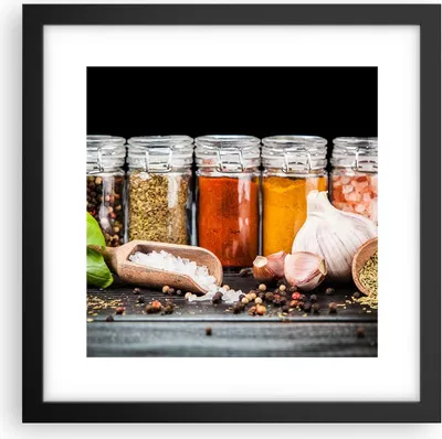 Produktbild von Gerahmtes Poster - Schwarzer Rahmen - Gewürze Knoblauch Holz Salz - 30x30 cm - Wand Bild - Wanddeko - Wandbilder - Wandposter - Bilderrahmen - Bilder - Kunstdruck - Wandbild - P2BAC30x30-2896