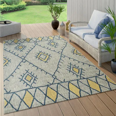 Image de Tapis d'intérieur et d'extérieur, tissage plat, motif géométrique abstrait en losanges, style ethnique, bleu, dimensions 80 x 150 cm