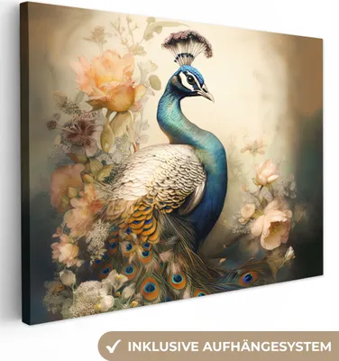Produktbild von MuchoWow® - Leinwandbilder - Pfau - Pfauenfedern - Blumen - Botanisch, Wandbild, Wanddeko Bilder Wohnzimmer, 120x90cm