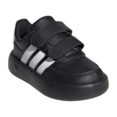 A single black Adidas sneaker with white stripes and velcro straps, shown from a three-quarter side view on a white background.