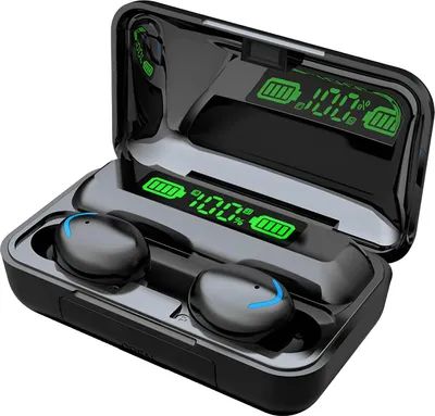 A pair of black wireless earbuds in their charging case, with the charging case lid open, showing the digital display.