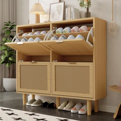 Image de MODFU Meuble à Chaussures - Meuble d’Entrée en Rotin avec 4 Tiroirs Pliants et Structure en Bois Clair - Style Naturel, 100x90x25 cm, Chêne