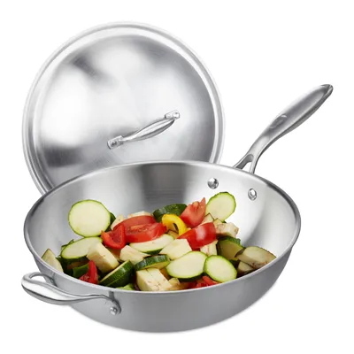Obrázok produktu pre Relaxdays Wok, Ø 32 cm, nerezová oceľ bez povrchovej úpravy, vhodný na plynové, elektrické a indukčné sporáky, wok s pokrievkou a rukoväťou, strieborný