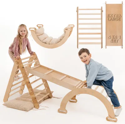 Obrázek produktu pro Goodevas 4-v-1 Montessori prolézačka: trojúhelníková prolézačka, skluzavka a prolézačka s polštářem – dřevěné vnitřní hřiště pro děti od 1 do 5 let