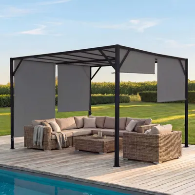 Produktbild von Pergola Beja, Garten Pavillon Terrassenüberdachung, stabiles 6cm-Stahl-Gestell + Schiebedach grau  4x4m