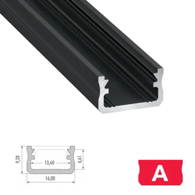 Produktbild von LED Aluminiumprofil Type A (1,6 x 0,93) - Oberflächenprofile - für Strips bis 12 mm | Schwarz eloxiert | 2020 mm