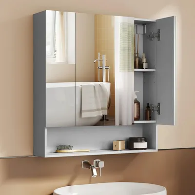 Produktbild von Badezimmerschrank - Spiegelschrank mit 3 Türen - Offenes Fach - Verstellbare Einlegeböden - 16,5x70x75 cm - Selbstmontage