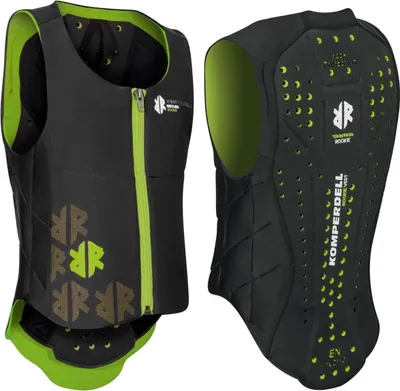A black and green protective vest shown from the front and back.