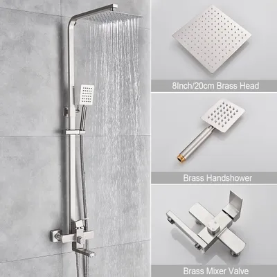 Produktbild von Duschsystem, verstellbare Duschsäule mit quadratischer Regendusche, für Badezimmer, Badewanne, Bar, Dusche, verstellbares Duschset, Wandbrause-Kombinationsset, gebürstet