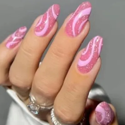 Produktbild von 24 Mandel Nägel Rosa Welle French Glitzer Falsche Nägel Acryl Fake Nails