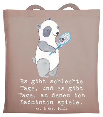 Produktbild von Mr. & Mrs. Panda Jutebeutel Panda Badminton  - Braun Pastell - Geschenk, festivaltasche, Einkaufstüte, spielen, Einkaufstasche, Tote Bag, Schultasche, Tasche