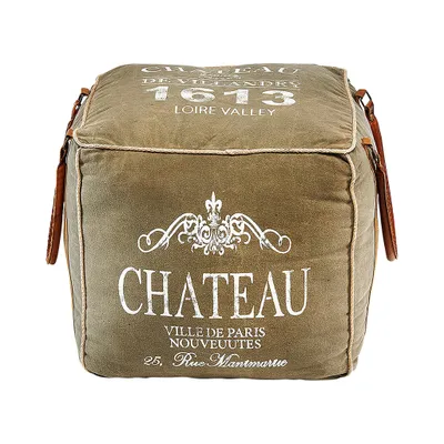 A single cube-shaped ottoman with text and decorative elements printed on it, set against a white background.