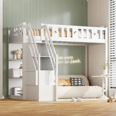 Produktbild von MODFU Hochbett 90x200cm mit Rausfallschutz, Etagenbett Kinderbett mit Regale, Massivholzbett Stockbett mit Lattenrost und Stauraum Treppe, Jugendbett Bettgestell, Weiß
