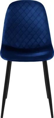 A single dark blue velvet dining chair with a diamond-stitched backrest and black metal legs, presented against a white background.