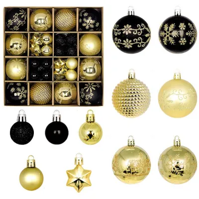 Weihnachtskugeln 44er Set, Kunststoff, Schwarz-Gold, 6 cm
