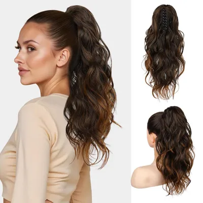 Image de Extension de queue de cheval avec clip, 46 cm, ondulée, bouclée, couleur marron amande