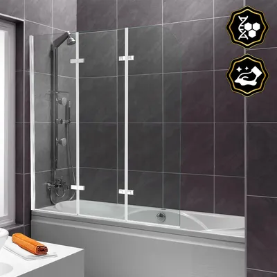 Produktbild von Ikodm Duschwand Badewanne 120 x 140 cm, 3-teilig faltbare Badewannenfaltwand, Badewannenaufsatz aus 6 mm ESG Sicherheitsglas, 180° schwenkbar, Silber Transparent