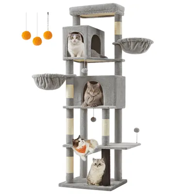 A multi-level cat tree with several cats on it, against a white background.