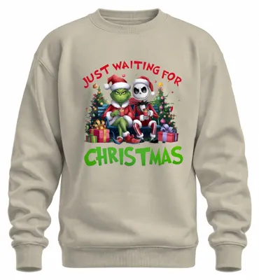 Immagine prodotto di Just Waiting For Christmas Grinch Jack Skellington Santa lustig Unisex Felpa Pullover, Natur, M