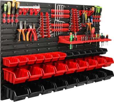 Zdjęcie produktu dla System magazynowy Regał warsztatowy | 115 x 78 cm | 32 szt. Pudełko | Regał ścienny z uchwytami na narzędzia i pudełkami do układania w stosy - Płyty ścienne Bardzo wytrzymały regał z przegródkami Ściana perforowana Regał magazynowy Regał garażowy