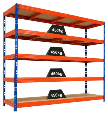 Produktbild von Profi Schwerlastregal Rhino | HxBxT 200x240x70cm | 5 Spanplatten-Ebenen 8mm | Fachlast 450kg | Blau/Orange