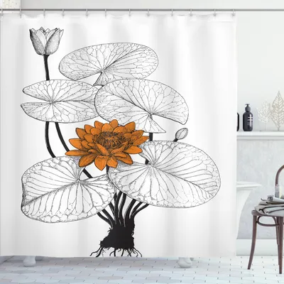 Immagine prodotto di ABAKUHAUS Tenda da doccia con motivo floreale, ninfea con fiori arancioni e foglie monocromatiche, 175 x 180 cm, arancione, nero e bianco