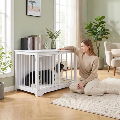Produktbild von Hundekäfig Möbel, 100 cm Hundebox, 2 Türen, Weiß Schiebetüren, Moderne Hundebox Holz Indoor für Mittlere/Große Hunde, Hundekäfig für Zuhause
