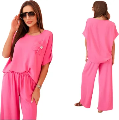 Produktbild von Rosafarbenes Viskose-Set für Damen mit Blumenapplikation und lockerer Hose
