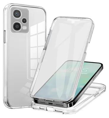 A clear phone case is shown in two configurations: one as a full case enclosing a phone, and another showing the back of the case.