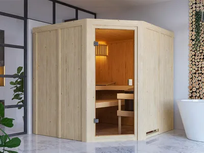 Produktbild von KARIBU Elementsauna Celine 3 Fichte 68 mm, Innensauna für 2 3 Personen, Systembauweise mit bronzierter Ganzglastür, 3 Liegen, Ofenschutzgitter, energiesparend