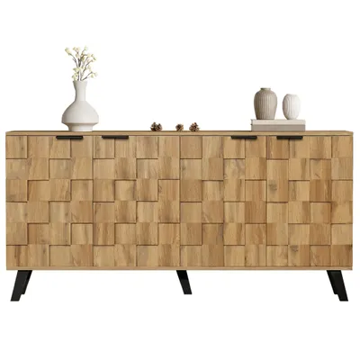 Produktbild von Sideboard Karierter Schrank Atmungsaktive Kommode von Holzmaserung mit 4 Türen, Luftdurchlässige Löcher, verstellbare Einlegeboden