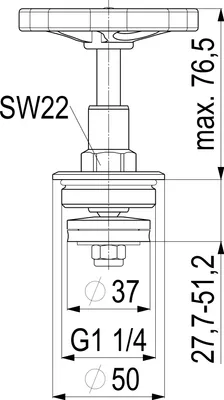 Technical drawing of a valve with dimensions and specifications.