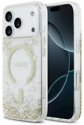 Obrázek produktu pro Pouzdro na telefon iPhone 18 Pro / 17 Pro značky Guess, materiál: pryskyřice, s třpytkami, kompatibilní s MagSafe, barva: zlatá
