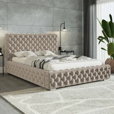 Produktbild von MOTIVENA Dianna Chesterfield Polsterbett 180x200 mit Bettkasten, Holz Lattenrost, Bett 180x200 Beige Samt (Jasmine 24)