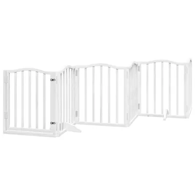 A white wooden pet gate with multiple panels is shown against a white background.