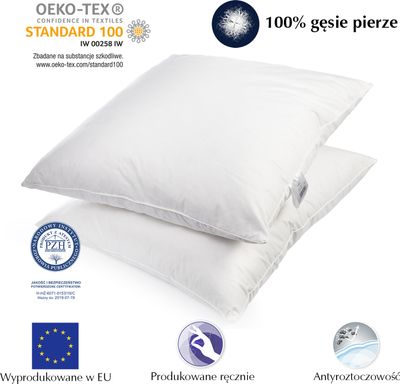 Sada 2 vankúšov 80x80 cm Náplň: 1500 gramov peria, husacie perie 100% prírodné Obliečka na vankúš: 100% bavlna Vankúš z peria 80 x 80 cm