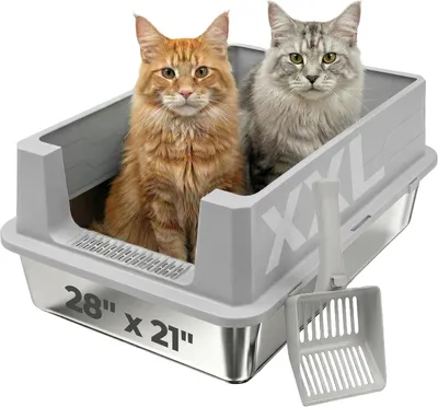 Produktbild von Katzenklo Edelstahl XXL Groß – Katzentoilette Edelstahl für große Katzen & 2 Katzen – XXL Katzenklo für Maine Coon – Hoher Rand, Auslaufsicher, Geruchsresistent – Mit Schaufel – 71x52x30
