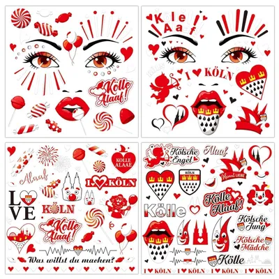Productafbeelding van Gezichtstickers Carnaval Keulen 4 boogjes, Kölle Alaaf, rood-wit, tijdelijk