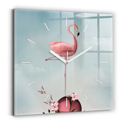 Produktbild von Wallfluent Wanduhr – Stilles Quarzuhrwerk - Uhr Dekoration Wohnzimmer Schlafzimmer Küche - Zifferblatt mit Striche - weiße Zeiger - 30x30 cm - Surrealistischer Flamingo