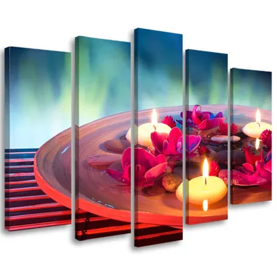 Produktbild von 5-teiliges leinwandbild zen blumen kerze 100x70 cm Feeby lila wandbild bereit zum aufhängen