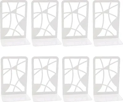 Produktbild von Famanu Bücherstützen Set aus 8 weißen Metallstützen - dekorative Buchstützen mit Durchbruchmuster