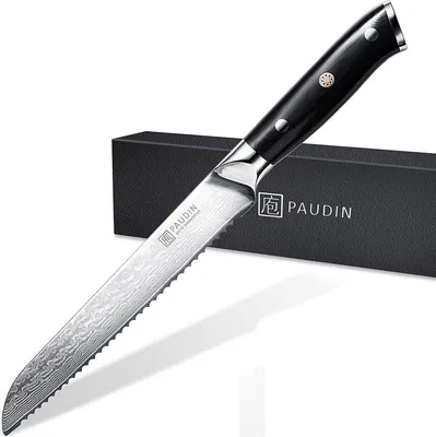 Obrázok produktu pre Nôž na chlieb PAUDIN C2 – 20 cm – profesionálny nôž na chlieb s jadrom VG-10, 67-vrstvovou zloženou oceľou, vlnitým ostrím a ergonomickou rukoväťou G10 – ostrý ako britva