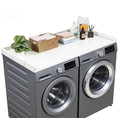 Produktbild von SucceBuy Arbeitsplatte für Waschmaschine und Trockner (137 x 69,9 cm) mit erhöhtem Rand und Haken, ideal zur Organisation und Aufbewahrung im Wäscheschrank, der Speisekammer oder als Küchentheke, belastbar bis 113 kg, Weiß