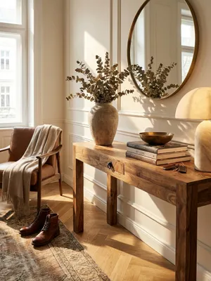 Produktbild von Konsolentisch MUMBAI Massivholz Akazie Konsole mit 1 Schublade Schreibtisch 120 x 40 cm Landhaus-Stil Sideboard