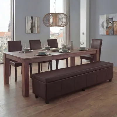 Obrázok produktu pre Sedacia súprava lavica s úložným priestorom Kriens XXL+4 stoličky Littau, koža ~ hnedá